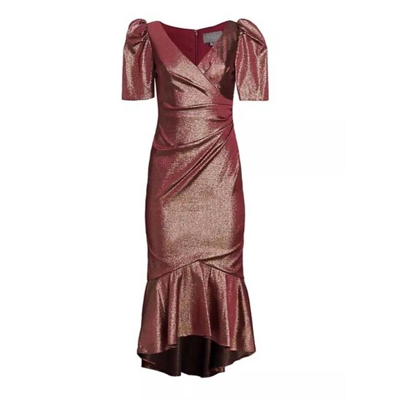 THEIA Mya Lurex Stretch jaquard v-neck midi dress with short sleeves Sz 6 - Picture 1 of 16